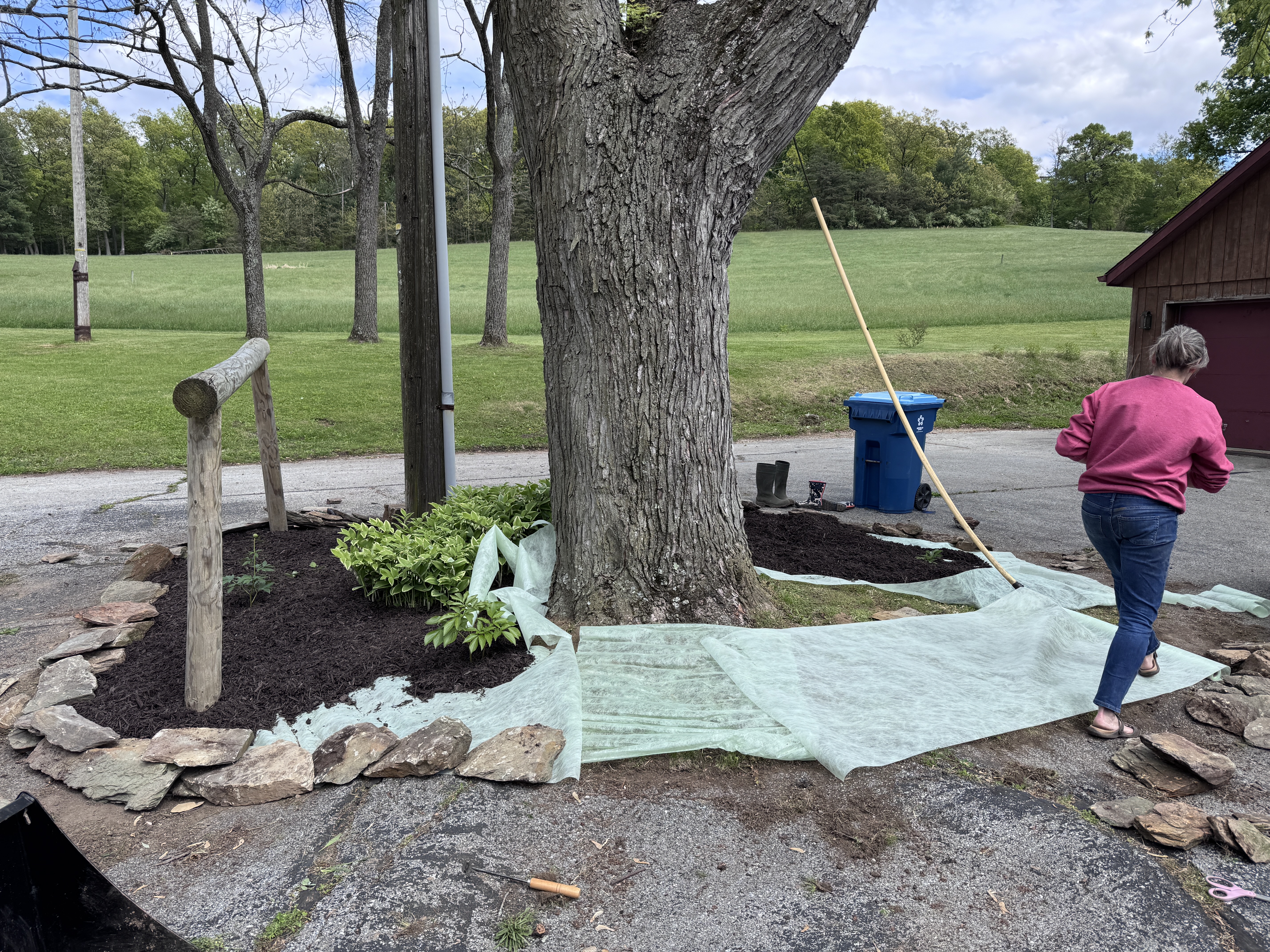 Amy raking mulch around the island, stone wall complete, weed fabric still visible at the far edge